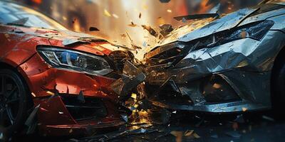 AI generated crash of two cars close-up, road accident concept. Generative AI photo