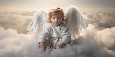 AI generated A small sad child angel sits on a cloud. Generative AI photo