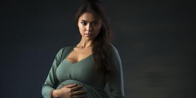 AI generated Pregnant woman on black background. Theme of loss of a child. Place for text. Generative AI photo