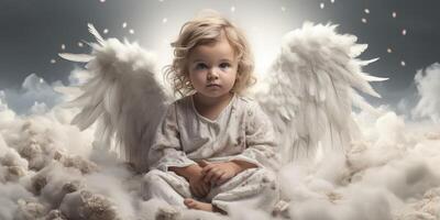 ai generado un pequeño triste niño ángel se sienta en un nube. generativo ai foto
