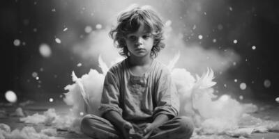 AI generated A small sad child angel sits on a cloud. Generative AI photo