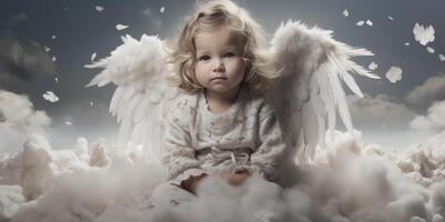 AI generated A small sad child angel sits on a cloud. Generative AI photo