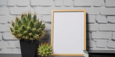 AI generated cacti near a poster in frame on a wooden table, Place for your text. Generative AI photo