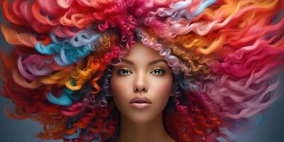 AI generated Young modern girl with rainbow hair. Theme of dyed beautiful hair. Generative AI photo