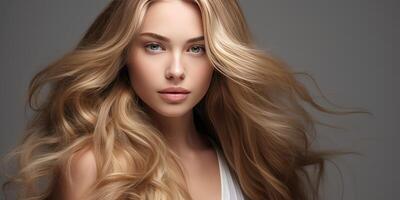 AI generated Light background. A young blonde girl has beautiful and healthy hair. Generative AI photo