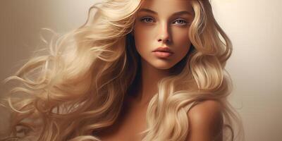 AI generated Light background. A young blonde girl has beautiful and healthy hair. Generative AI photo