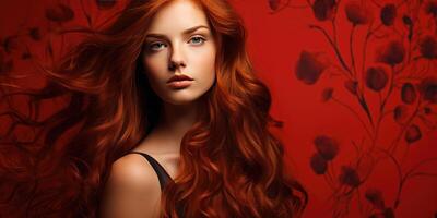ai generado mujer con rojo pelo en un rojo fondo, publicidad champú. generativo ai foto