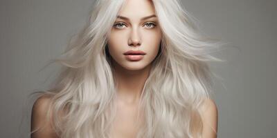 AI generated young beautiful Bondinka woman on light background., hair advertising themes. Generative AI photo