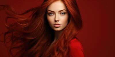 ai generado mujer con rojo pelo en un rojo fondo, publicidad champú. generativo ai foto