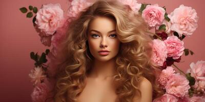 AI generated Blonde girl with luxurious hair on a pink floral background. Generative AI photo