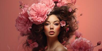 AI generated Beautiful brunette girl with luxurious hair on pink background. Generative AI photo