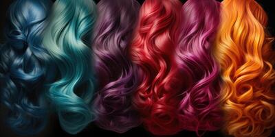 ai generado pelo textura fondo, conjunto de brillante pelo colores. muestras de tintes para de colores cabello. generativo ai foto