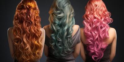 ai generado Tres joven muchachas con diferente pelo colores, colorante tema. generativo ai foto