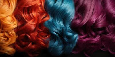ai generado pelo textura fondo, conjunto de brillante pelo colores. muestras de tintes para de colores cabello. generativo ai foto