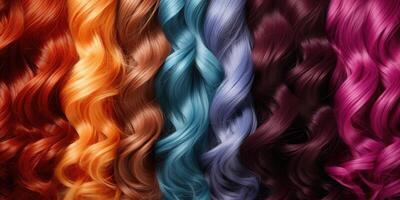 ai generado pelo textura fondo, conjunto de brillante pelo colores. muestras de tintes para de colores cabello. generativo ai foto