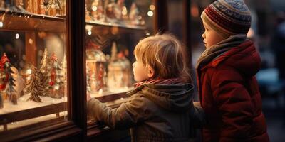 AI generated two little Children look at store window in winter, Christmas. Generative AI photo