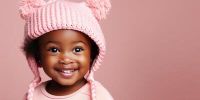 AI generated Little African child in a warm jacket on a pink background. Generative AI photo