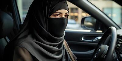 ai generado árabe musulmán mujer en velo y bufanda conducción un coche. generativo ai foto