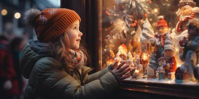 AI generated A child looks at a store window in winter, Christmas. Generative AI photo