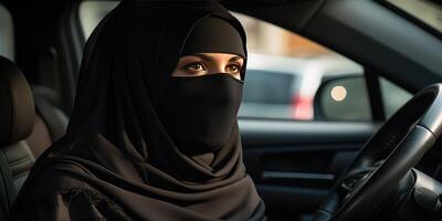 AI generated Portrait of an Arab Muslim woman in a veil driving a car. Generative AI photo