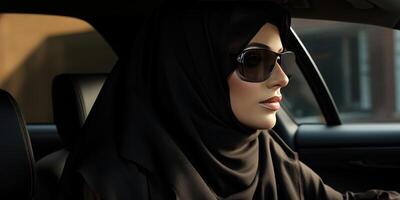 AI generated Portrait of an Arab Muslim woman in a veil driving a car. Generative AI photo