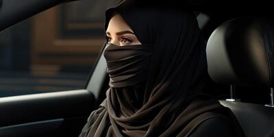 AI generated Portrait of an Arab Muslim woman in a veil driving a car. Generative AI photo