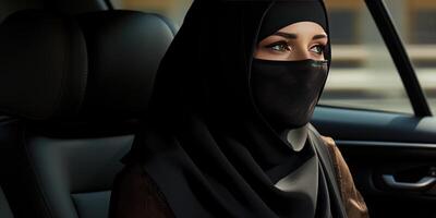 AI generated Arab Muslim woman in veil and scarf driving a car. Generative AI photo