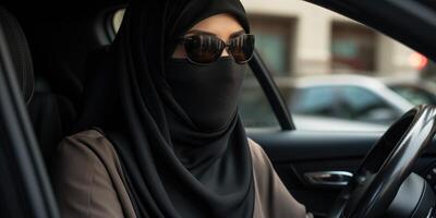 AI generated Arab Muslim woman in veil and scarf driving a car. Generative AI photo