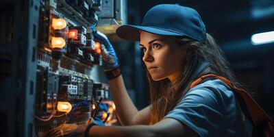 AI generated Female electrician in protective clothing performs work. Generative AI photo