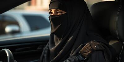 AI generated Portrait of an Arab Muslim woman in a veil driving a car. Generative AI photo