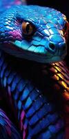 AI generated vertical macro shot of the head of blue-violet snake, the theme of Herpetology. Generative AI photo