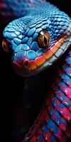 AI generated vertical macro shot of the head of blue-violet snake, the theme of Herpetology. Generative AI photo