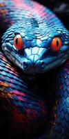 ai generado vertical macro Disparo de el cabeza de Violeta Azul serpiente, el tema de herpetología. generativo ai foto