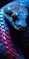 ai generado vertical macro Disparo de el cabeza de Violeta Azul serpiente, el tema de herpetología. generativo ai foto