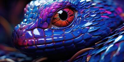 AI generated horizontal macro shot of the head of a blue-violet snake. Generative AI photo