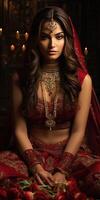 ai generado vertical retrato de un joven indio mujer en tradicional vestido. generativo ai foto