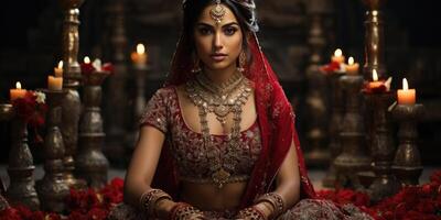 ai generado retrato de un joven hermosa indio novia sentado en el piso. generativo ai foto