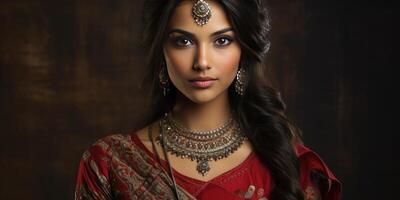 ai generado retrato de un hermosa joven indio novia en un Boda vestido. generativo ai foto