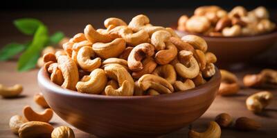 AI generated cashews in a wooden plate on the table close-up. Generative AI photo