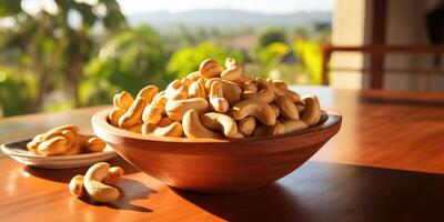AI generated Cashew nuts in a plate on the table, daylight from the window. Generative AI photo