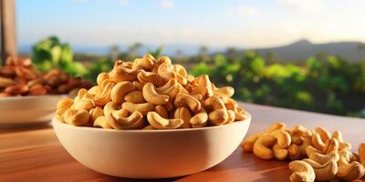 AI generated Cashew nuts in a plate on the table, daylight from the window. Generative AI photo