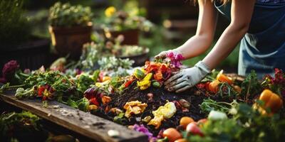 ai generado un hombre guantes abonos comida residuos en el jardín. orgánico comida Procesando. generativo ai foto