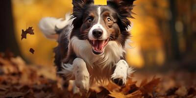 AI generated border collie dogs in a jump in the autumn forest. Generative AI photo