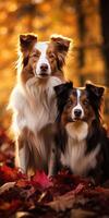 AI generated two border collie dogs in the autumn forest. Generative AI photo