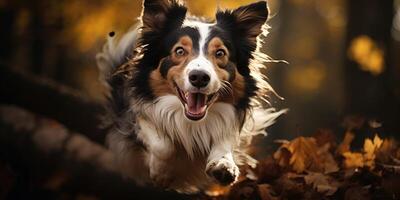 AI generated border collie dogs in a jump in the autumn forest. Generative AI photo