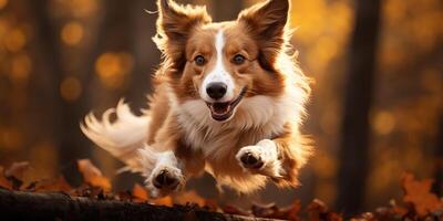 AI generated border collie dogs in a jump in the autumn forest. Generative AI photo