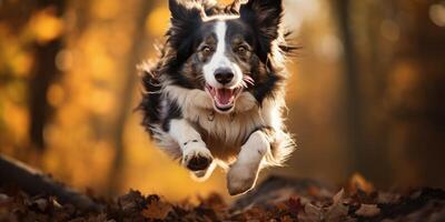 AI generated border collie dogs in a jump in the autumn forest. Generative AI photo