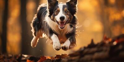 AI generated border collie dogs in a jump in the autumn forest. Generative AI photo