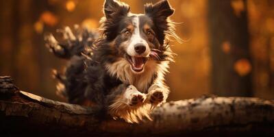 ai generado frontera collie perros en un saltar en el otoño bosque. generativo ai foto