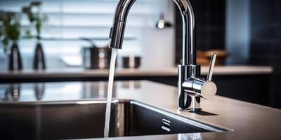 AI generated stainless steel faucet with runing water in the kitchen, problem use of water.Generative AI photo